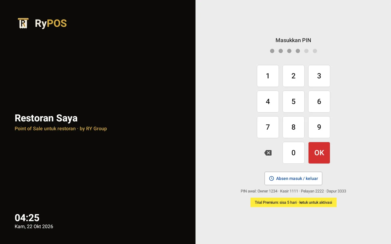 Layar login RyPOS dengan PIN pad dan status trial